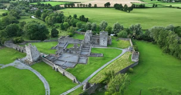Aerial Circular Extensive Priory Remains Fortified Enclosure Six Towers Gateway — Stock Video