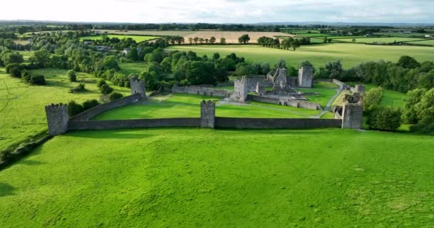 爱尔兰的一座古城堡 背景为绿色的山谷和河流 环绕着风景如画的大自然 绿树摇曳着这座位于基尔肯尼4K附近的历史性地标的教堂的摄影棚 — 图库视频影像