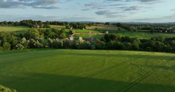 古代の城は アイルランドの緑の谷と川の背景に設定されています 美しい自然のまわりで 緑の木ケルズプリオリーはキルケニー5K近くのこの歴史的なランドマークの写真をセットアップしました — ストック動画