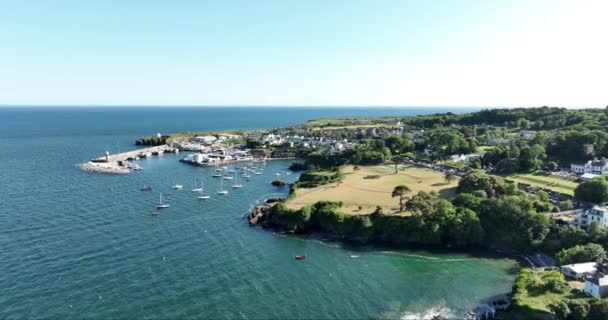 エアリアル 岩の海岸線で釣りボートを持つ美しい灯台を持つ信じられないほどの海岸線 アイルランドのウォーターフォード郡のダンモア東部 高品質の4K映像 — ストック動画