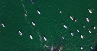 Dunmore East, İrlanda 'da bir körfezde demirlenmiş yelkenli teknelerinin hava görüntüsü. Yüksek kalite 4k görüntü