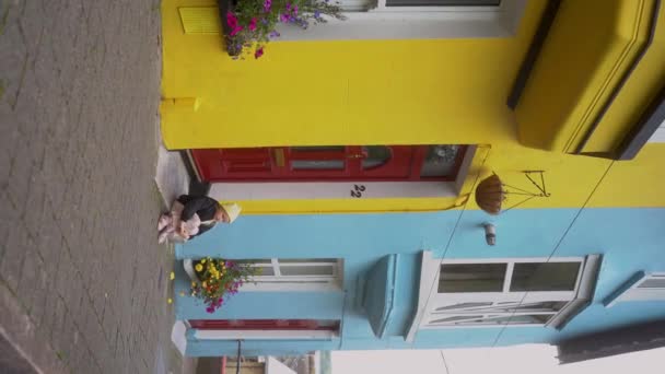 Vertical Carretéis Menina Ucraniana Senta Alpendre Uma Casa Amarela Azul — Vídeo de Stock