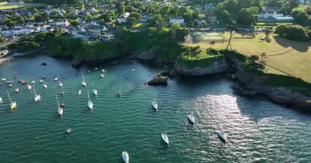 エアリアル 美しい家と岩の海岸線による漁船との信じられないほどの海岸線 サンセット アイルランドのウォーターフォード郡のダンモア東部 高品質の4K映像 — ストック動画