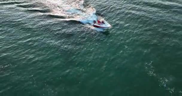 Udara Sebuah Perahu Motor Putih Berlayar Atas Air Hijau Dari — Stok Video