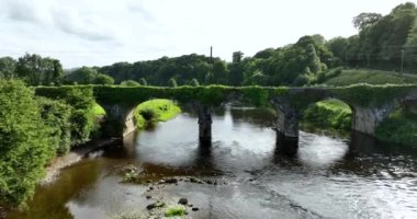 Havadan. İrlanda 'da Nore Nehri üzerinde antik bir köprü. Nore Nehri 'nin zeminine karşı antik bir taş köprü ve İrlanda' nın güzel yeşil doğası. Kilkenny, Inistioge, İrlanda. 4k