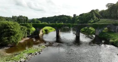 Havadan. Nore Nehri 'nin zeminine karşı antik bir taş köprü ve İrlanda' nın güzel yeşil doğası. Kilkenny, Inistioge, İrlanda. Yüksek kalite 4k görüntü