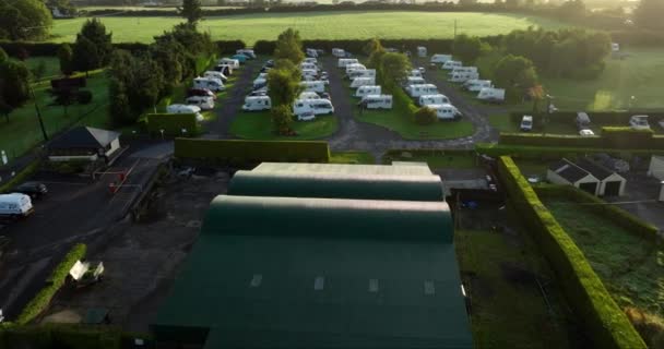 Aerial View Caravan Campsite Sunset Surrounded Nature Green Forest Clean — Stock Video