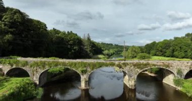 Havadan. Kapatın. Nore Nehri, doğanın yeşilliğine karşı antik bir köprünün arka planına karşı. Kilkenny, Inistioge, İrlanda. Yüksek kalite 4k görüntü