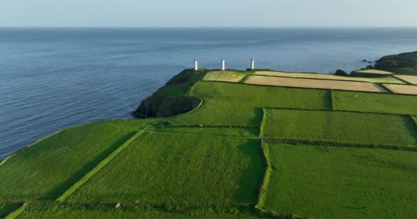 エアリアル 3つの白い灯台が本土の端に立っている グリーンバレー メタルマンは1823年に建設された3つの柱のうちの1つに立っています トロモア アイルランド 高品質 — ストック動画