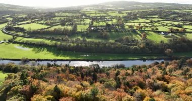 Nehir ve renkli sonbahar ormanı olan manzaralı sonbahar manzarası Kilkenny yakınlarında İrlanda sonbaharı, güzel İrlanda doğası. Yüksek kalite 4k görüntü.