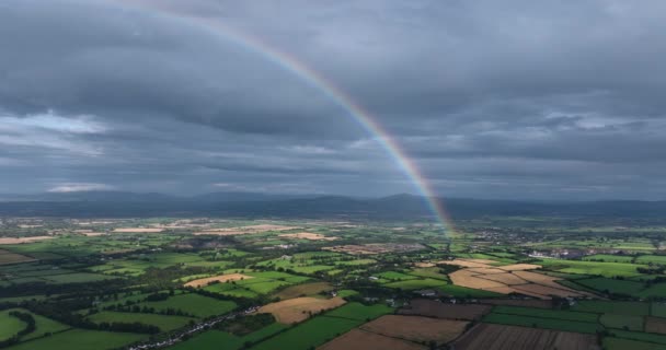 Aerial Huge Rainbow Storm Clouds Huge Rainbow Green Farm Fields — Stock Video