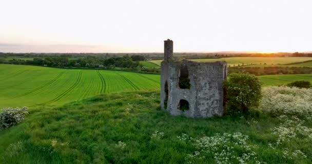Aerial Circular Ruins Ancient Temple Stand Hill Farmers Fields Sunset — Stock Video