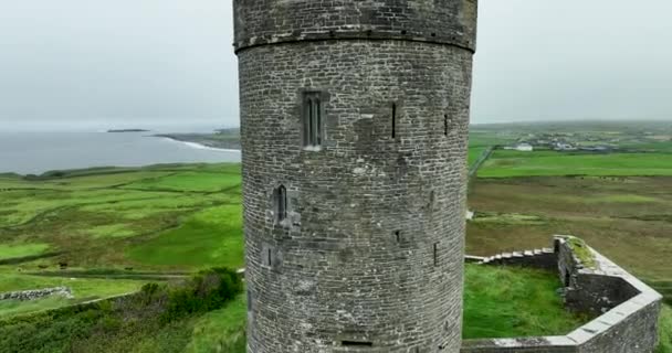 Aéreo Torre Castelo Pedra Doonagore Cercada Por Prados Grama Condado — Vídeo de Stock