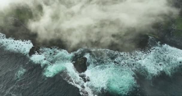 Aerial Cliffs Moher Wrapped White Clouds Cliffs Wrapped Thick Fog — Stock Video