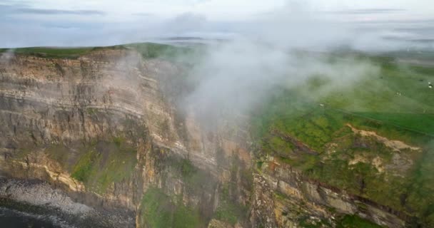 Dramatic Aerial Cliffs Moher Wrapped White Clouds Cliffs Wrapped Thick — Stock Video