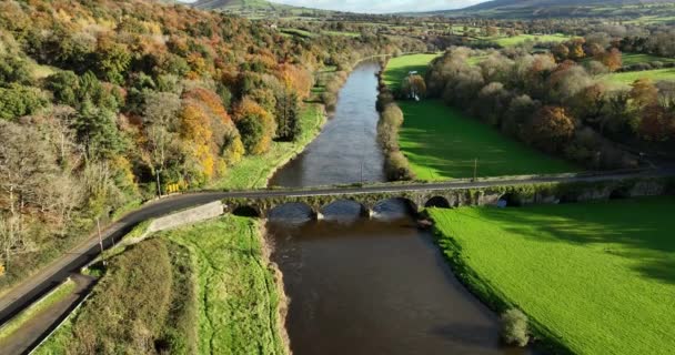 Nore Nehri Sonbahar Ormanlarının Arka Planına Karşı Antik Bir Köprü — Stok video