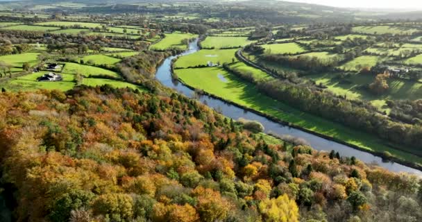 Luchtfoto Scenisch Herfstlandschap Met Een Rivier Kleurrijk Herfstbos Ierse Herfst — Stockvideo