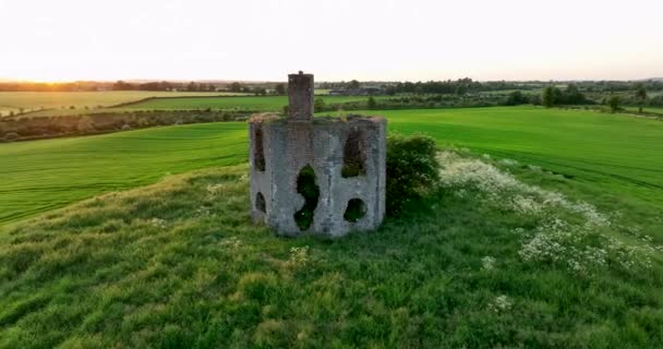 Εναέρια Εγκύκλιος Ερείπια Ενός Αρχαίου Ναού Στέκονται Ένα Λόφο Αγροκτήματα — Αρχείο Βίντεο