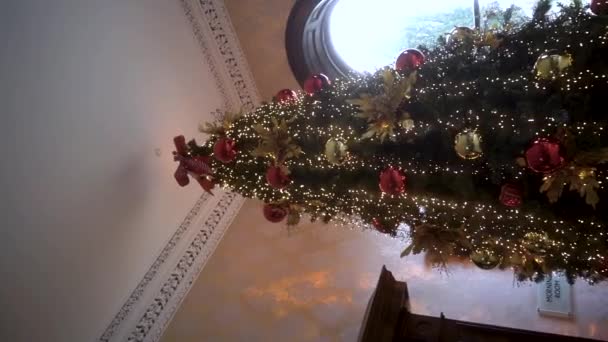垂直に ストーリー おとぎ話の家にある 魅力的なクリスマスツリー 国の古い家の豪華なインテリアのクリスマスツリー アイルランド スローモーション 高品質のフルHd — ストック動画