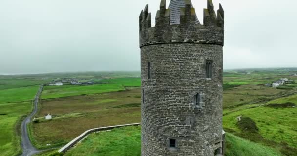 Aéreo Circular Torre Castelo Pedra Doonagore Cercada Por Prados Grama — Vídeo de Stock