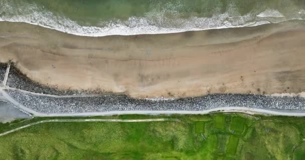 沙滩上的头像 白浪冲刷着沙子 摄像头在下降 桑迪海岸线 后面是一片绿地 高质量的4K镜头 — 图库视频影像