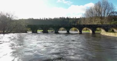 Ormanların ortasındaki güçlü bir nehrin üzerindeki tarihi taş köprü. Köprü bölümünde Roma sütunları tasvir edilir. Nore Nehri 'nin çalkantılı akışı. Yüksek kalite 4k görüntü