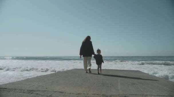 Мать Маленькая Дочь Прогуливаясь Пирсу Любят Семью Концепция Матери Одиночки — стоковое видео