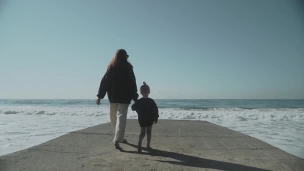 Mãe Filhinha Caminhando Pelo Cais Amam Família Movimento Lento 120 — Vídeo de Stock