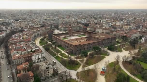 Letecký Pohled Castella Sforzesca Časně Ráno Moderní Architektura Střechy Starověký — Stock video