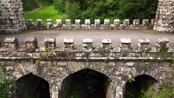 Vista Aérea Drones Irelands Ballysaggartmore Torres Porta Mística Para Floresta — Vídeo de Stock