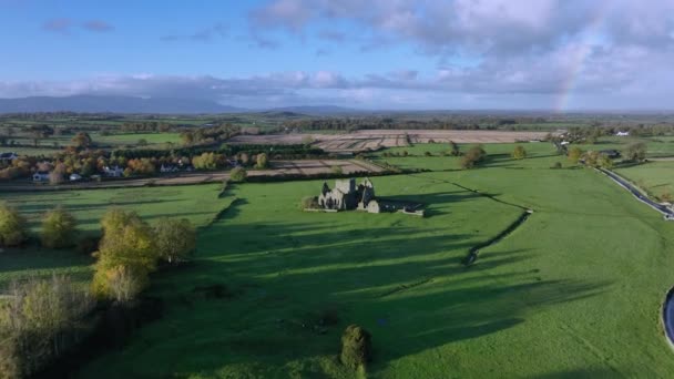 空中俯瞰接近爱尔兰皇家修道院的废墟的景象 仇恨修道院坟场的废墟 Hore Abbey Irelands上世纪西斯特里安修道院高质量的4K镜头 — 图库视频影像