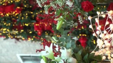 Kapatın. Noel çiçekleri ve Yavaş Çekimde Güzel Noel Ağacı. Peri masallarındaki dayanılmaz bir Noel ağacı. Eski moda iç mekan. Yılbaşı ağacı eski bir ülkenin lüks içinde