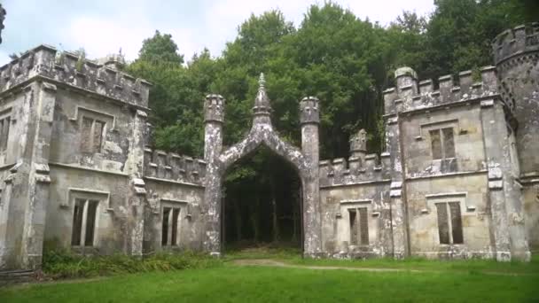 Wieże Ballysaggartmore Starożytna Brama Tle Zielonego Lasu Irlandii Mistyczna Irlandia — Wideo stockowe