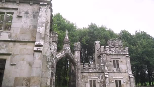 Ballysaggartmore塔 爱尔兰绿林背景下的古老大门 神秘的爱尔兰 相机飞过利斯莫尔中世纪的桥 沃特福德郡的森林 一个神秘的 — 图库视频影像