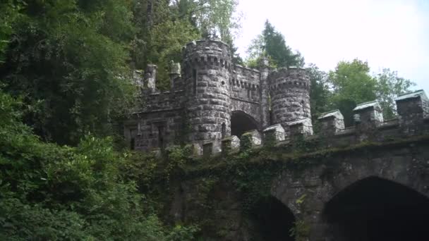 Ballysaggartmore塔 幻想中的森林位置 相机飞过利斯莫尔中世纪的桥 沃特福德郡的森林 一个神秘的地方 中世纪的建筑 通往城堡的大门 — 图库视频影像