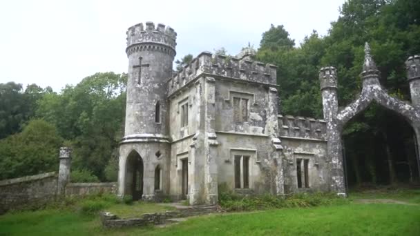 爱尔兰绿林背景下的古老大门 神秘的爱尔兰 相机飞过利斯莫尔中世纪的桥 沃特福德郡的森林 一个神秘的地方 Ballysaggartmore — 图库视频影像