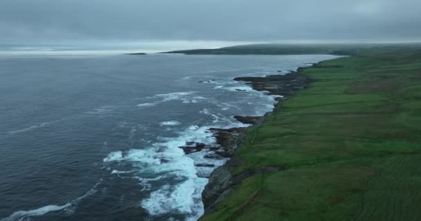 Voando Sobre Altos Penhascos Verdes Moher Início Manhã Ondas Oceano — Vídeo de Stock