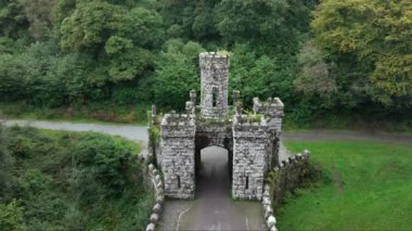 Ireland 'ın Ballysaggartmore Kulelerinin insansız hava aracı görüntüsü. Gizemli kulelerin üzerinde uçuyor. Lismore İlçesi Waterford Ormanı 'ndaki ortaçağ köprüsü. Mistik bir mekan. Ortaçağ binası. Geçit kapısı.