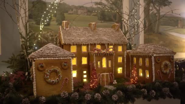 ジンジャーブレッドクッキーで作られたクリスマスハウス おとぎ話の装飾 火の木とコーンでクリスマスの精神で飾られています 甘い自家製ジンジャーブレッドハウスは キャンディーを装飾し 釉薬されています — ストック動画
