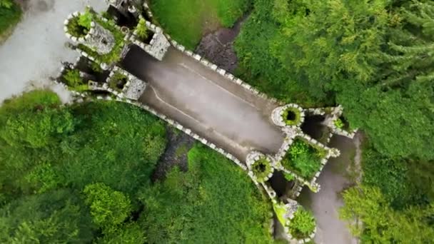 アイランズバリスガルトモアタワーの空中ドローンビュー 謎の塔の上を飛んでいる ウォーターフォードズの森のリズモアにある中世の橋 神秘的なロケール 中世の建物 ゲートウェイ — ストック動画