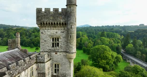 Udara Sungai Dan Halaman Depan Menara Lismore Castle Malam Hari — Stok Video