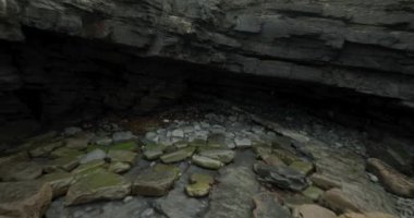 County Clare 'deki İrlanda' nın kırsal bölgelerinden gelen hava aracı. Yeşil tarlaların yakınındaki Rocky sahili. Vahşi Atlantik yolu boyunca İrlanda 'nın destansı deniz manzarası. Kamera bir deniz mağarasından uçuyor.