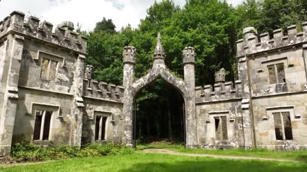 Повітря Балісгартмор Тауерс Стародавні Ворота Тлі Зеленого Лісу Ірландії Містична — стокове відео