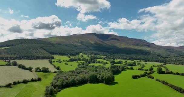 Vista Montaña Volcánica Sobre Fondo Verdes Campos Árboles Una Vista — Vídeo de stock