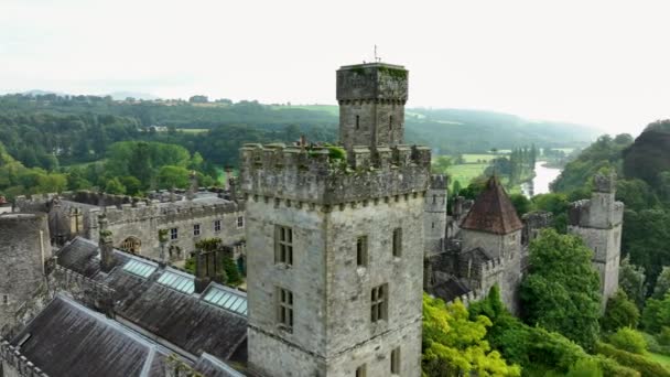 在一个风景如画的绿色城市里飞越利索莫城堡的塔楼 中世纪城堡背景下的绿色自然和一座古桥 古城堡绿树成荫 — 图库视频影像