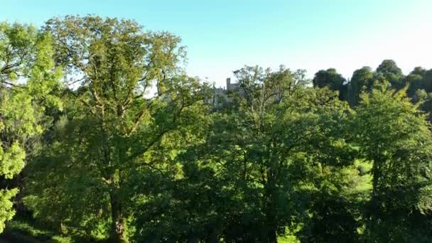 エアリアル 日没に緑の木に包まれた川の絵のような城 夕暮れの太陽が城を照らしている リスモア城とノックメルタウン ウォーターフォードアーランズ古代の緑豊かな田園地帯の山 — ストック動画