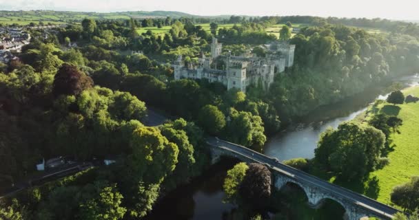 Воздушный Замок Берегу Реки Замок Лисмор Уотерфорде Ирландия Вечернее Солнце — стоковое видео