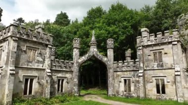 Havadan. Ballysaggartmore Kuleleri. İrlanda 'da yeşil bir ormanın arka planına karşı antik bir kapı. Mistik İrlanda. Lismore İlçesi Waterfords Ormanı 'ndaki ortaçağ köprüsünden geçen bir kamera. A