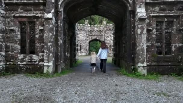 Luchtdrone Zicht Ierlands Ballysaggartmore Towers Vrouw Met Een Kind Die — Stockvideo
