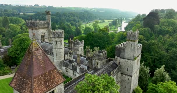 在一个风景如画的绿色城市里飞越利索莫城堡的塔楼 中世纪城堡背景下的绿色自然和一座古桥 古城堡绿树成荫 — 图库视频影像